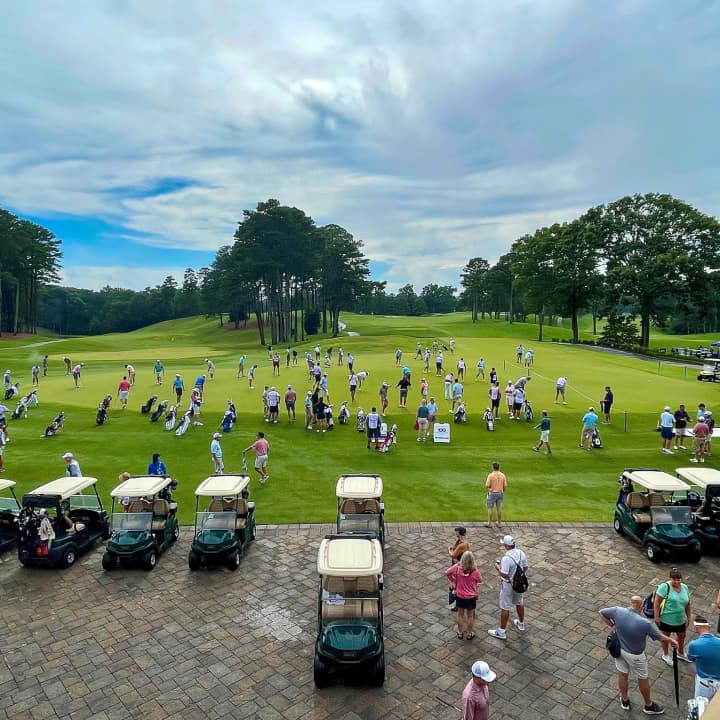 aerial shot of a busy golf course